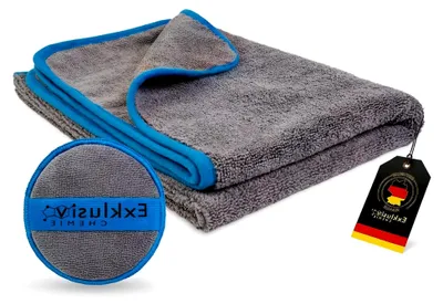 Produktbild von Extra Großes Trockentuch - 90 x 60 cm - 470 GSM + Handpolierschwamm | Saugstark, Fusselfrei & Lackschonend | Mikrofasertuch für Autos | Extra Weiche Autopflegetücher