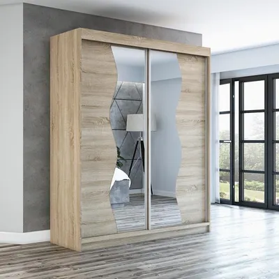 Produktbild von Schwebetürenschrank, 2-türig Schrank mit Spiegel! Moderne Garderobe für Kleidung. Verschiedene Farben (Weiß, Schwarz, Somona) Kleiderschrank RIMA 180 cm