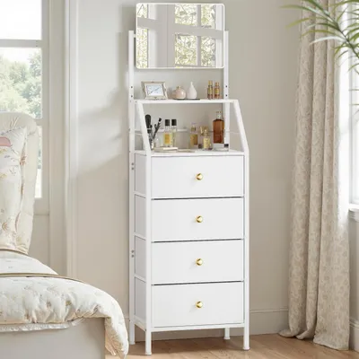 Image de Commode avec miroir, 4 tiroirs en tissu, blanche, 147 cm
