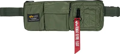 A green utility bag with a red tag.