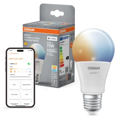 Obrázok produktu pre OSRAM SMART+ MATTER, klasický dizajn, nastaviteľná farba svetla v tvare A, LED žiarovka, matná, 9,5 W (ekvivalent 75 W), 1055 lm, variabilná farba svetla, kompatibilná s technológiou Matter, kompatibilná s inteligentnými reproduktormi, stmievateľná