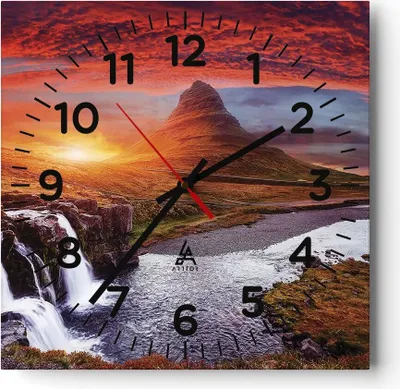 Produktbild von Wanduhr - Quadrat - Glasuhr - Kirkjufell Wasserfall Berg - 30x30cm - Schleichendes Uhrwerk - Lautlos - zum Aufhängen bereit - Dekoration Modern - Wanddekoration aus Glas - C4AC30x30-4704