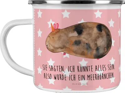 Produktbild von Mr. & Mrs. Panda Reisebecher Einhorn Meerschweinchen - Rot Pastell - Geschenk, Emailletasse, Meerschwein, Pott, Einhörner, Emaille Tasse, Unicorn, Becher, Kaffeepott
