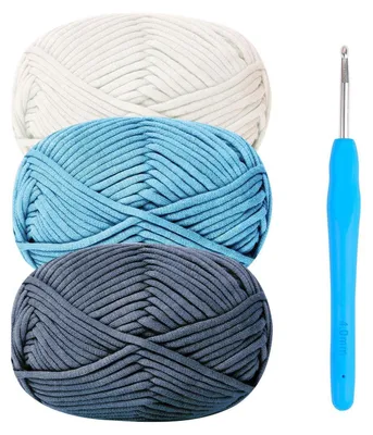 Produktbild von Häkelgarn Baumwolle-Nylon-Mischung 3 x 50g mit Häkelnadel 4mm Blau