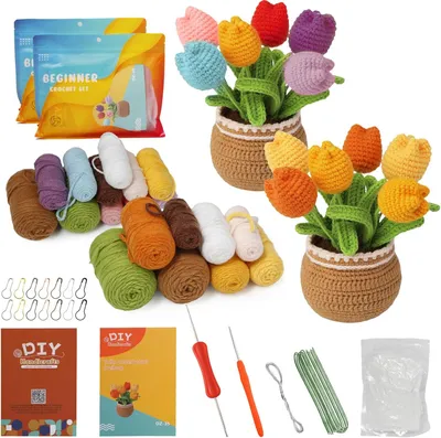 Productafbeelding van Haakset 2-delig, voor beginners, met garen en haaknaalden, DIY haakpakket voor bloemen