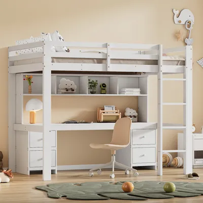 Zdjęcie produktu dla Łóżko piętrowe Merax 90x200cm, łóżko na poddaszu z biurkiem i półkami, łóżko dziecięce z ramą z listew i 4 szufladami, łóżko młodzieżowe z litego drewna, białe