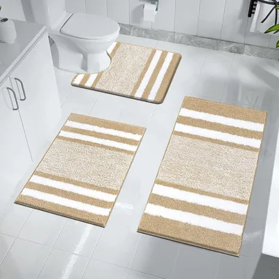 Productafbeelding van Badmatset, 3-delig, wasbaar, antislip, absorberend, microvezel, beige