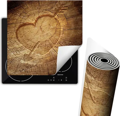 Produktbild von Herdabdeckplatte 60x52 cm Glaskeramikfeld Abdeckung Anti Rutsch Matte Aufrollbar, Herz Holz