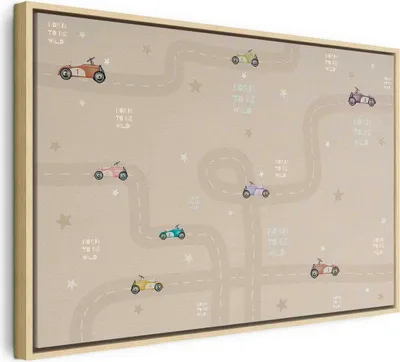 Produktbild von Italienischer Leinwand Leinwandbild - Race - Colorful Cars on a Road on a Beige Background with Inscriptions 120x80 cm Für Kinder e-C-10067-b-a