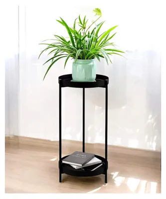 Produktbild von Blumenständer Metall Schwarz Rund 2 Etagen 52 cm Beistelltisch Pflanzenständer Design Modern