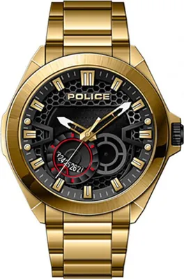 A close-up studio shot of a gold Police brand men's watch.