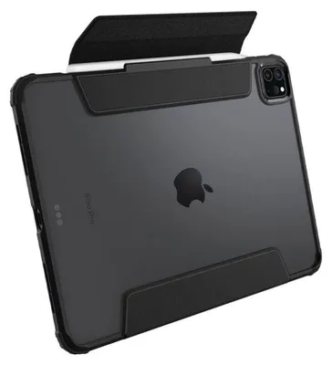 The back of an iPad Pro in a black protective case.