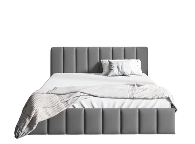 A gray upholstered bed with white bedding and pillows, presented on a white background.