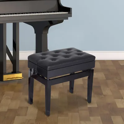 Image de Banc de piano avec compartiment de rangement, réglable en hauteur, revêtement en similicuir, dimensions 54,5 x 33 x 48-58 cm, couleur noire