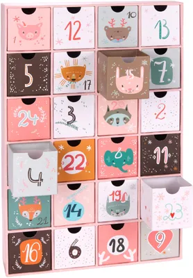 Immagine prodotto di Calendario dell'Avvento BruBaker riutilizzabile – Natale a tema animali, rosa – Calendario natalizio con 24 scomparti per buoni regalo e dolcetti – 39 cm – Cartone