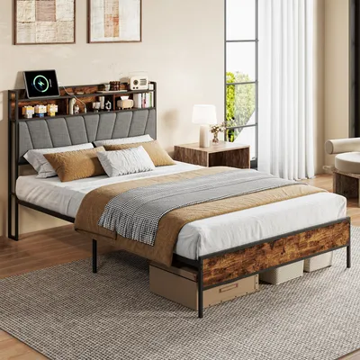 Produktbild von Metallbett 160x200 cm mit Stauraum-Kopfteil, USB-C und USB-Anschluss, RGB-System, gepolstertem Kopfteil, 31,7 cm Unterbett-Stauraum, Doppelbett Vintage Braun Grau