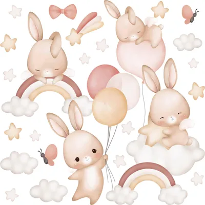 Produktbild von Muralo Wandaufkleber Set für Kinder HÄSCHEN Wolken Sterne Ballons Regenbogen 120x60 cm Wandaufkleber Set