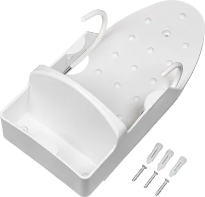 A white plastic wall mount for an iron and ironing board, shown with screws and wall plugs.
