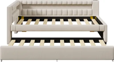 Produktbild von Polsterbett mit Lattenrost, Gästebett, USB und Type-C Anschlüssen, 90x200cm, Schlafsofa, Einzelbett, Leinen