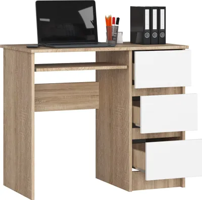 Zdjęcie produktu dla BDW, biurko komputerowe z 3 szufladami, szuflada na klawiaturę, 90x77x50 cm, dąb Sonoma / biały (prawy)