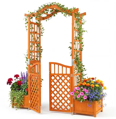 Obrázok produktu pre COSTWAY Ružový oblúk s 2 kvetinovými truhlíkmi, 183 x 18 x 210 cm, oblúk na kvety z jedľového dreva, záhradný oblúk s mrežou na popínavé rastliny a uzamykateľnými dvierkami, opora pre popínavé rastliny