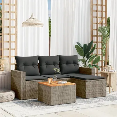 Produktbild von Design 5-tlg. Garten-Sofagarnitur mit Kissen Grau Poly Rattan, Gartenmöbel-Sets 2024 Neu