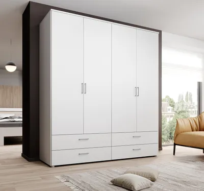 Produktbild von Kleiderschrank "Spazio" in Weiß mit 4 Schubladen und 4 Türen. Abmessungen (BxHxT) 183,1x198,6x48 cm