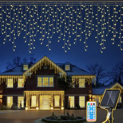 Obrázek produktu pro Jayseuw 15M solární LED ledový déšť víla světla venkovní vnitřní teplé bílé světlo opona 600 LED rampouch vánoční světla 8 modů vánoční dekorace strana zahrada