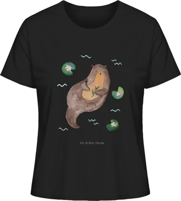 Produktbild von Mr. & Mrs. Panda Oberteil Damen Otter Seerose Größe M - Schwarz - Geschenk, Wasser, Fluss, Frauen T-Shirt, Kurzarmshirt, Basic, shirt, Seeotter, glücklich