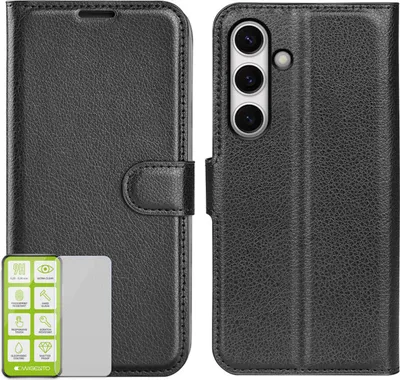 A black leather flip case for a Samsung Galaxy S24 FE phone, shown open with a screen protector.
