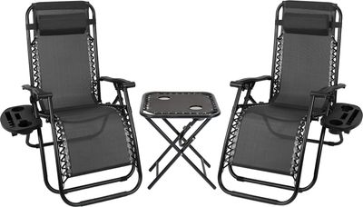 Meisterhome® Sonnenliege Set klappbar Liegestuhl mit verstellbarem Kopfpolster & Rückenlehne - Gartenliegen – Campingstuhl - Wetterfest – Relaxliege - Mit Getränkehalter -  atmungsaktiv – Schwarz, Model:3-Teilig