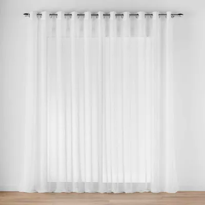 A white sheer curtain hanging on a curtain rod in front of a window.