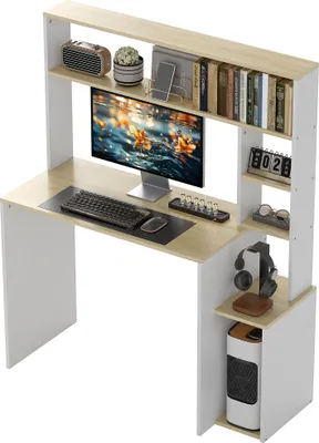 Produktbild von Computertisch, Schreibtisch mit offenen Regalen und Ablagefächern, aus Stahl, Hellbraun+Weiß