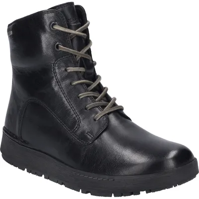 A studio shot of a black leather boot.