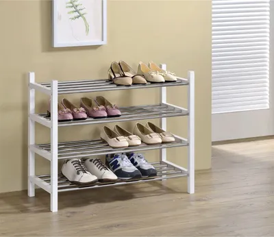 Produktbild von Schuhregal Schuhablage Schuhständer, mit 4 Böden in weiß lackiert, verchromte Metallrohre, stapelbar