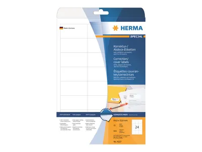 Image de HERMA 4227 Étiquettes de correction et de recouvrement A4 blanches 64,6 x 33,8 mm, 600 pièces