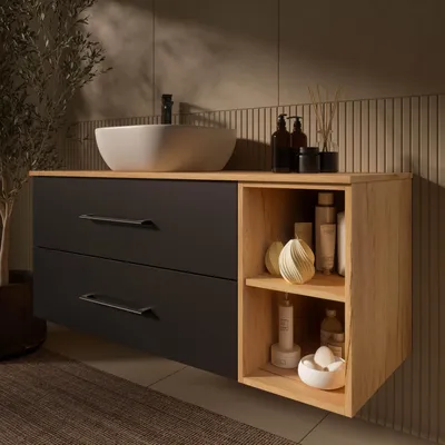 Produktbild von Planetmöbel LUX Badmöbel-Set Waschbecken mit Unterschrank 120 cm hängend Gold Eiche/Anthrazit & Aufsatz-Waschbecken 42 cm Weiß