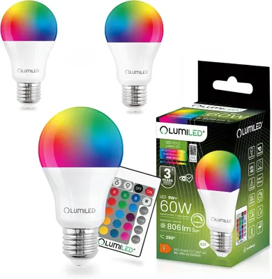 Produktbild von LUMILED 3er Set A60 E27 LED Lampe, 9W (ersetzt 60W), 806 Lm Leuchtmittel, RGB + 6500K Kaltweiß Birnen Lampen, Dimmbar, 260°  Farbwechsel Tropfen