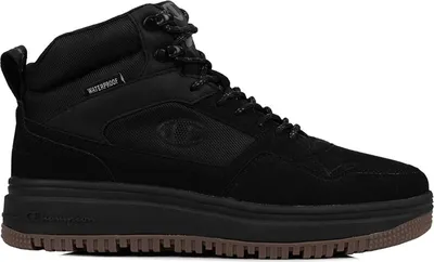 A black Champion utility mid-cut shoe is shown against a white background.