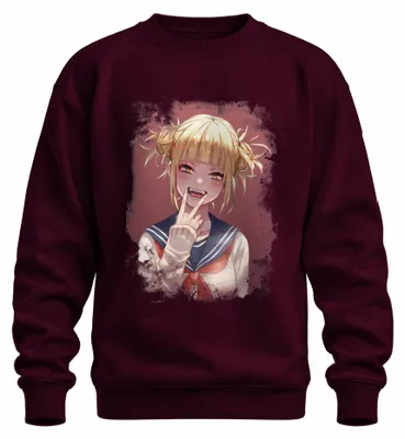 Imagen del producto de Sudadera con cuello redondo, diseño de retrato de Himiko Toga, estilo "chica colegiala", uniforme escolar, personaje "yandere", manga. Color: burdeos. Talla: XL