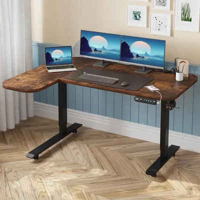Zdjęcie produktu dla Hilodesk 150cm L Elektryczne Biurko stojące z regulowaną wysokością, biurko stojące do domowego biura, biurka komputerowego, vintage brąz