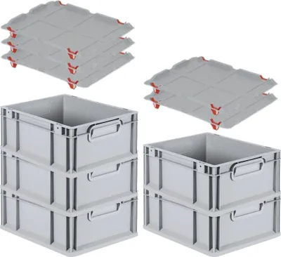 Produktbild von SparSet 5x Eurobox NextGen Economy mit Auflagedeckel und 4x Schiebeschnappverschlüsse Rot | Griffe geschlossen | HxBxT 17x30x40cm | 16 Liter | Eurobehälter, Transportbox, Transportbehälter, Stapelbehälter