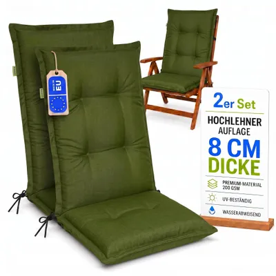 Produktbild von Pillows24 - 2x Hochlehner Auflagen 120x50x8 cm | Gesteppte Wetterfeste Gartenstuhlauflagen | Polster Sitzkissen für Gartenmöbel | EU | Grün