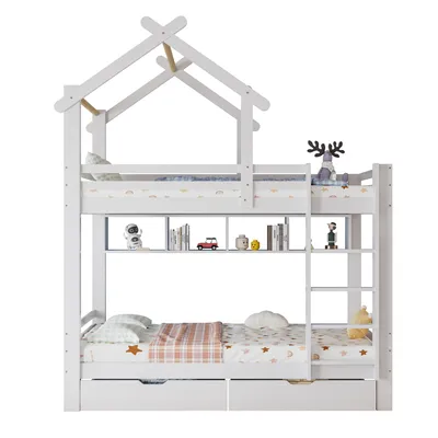 Produktbild von Etagenbett mit Schubladen und Regalen, Hausbett mit dreistufige rechtwinklige Leiter, Kinderbett mit Fallschutz und Gitter,