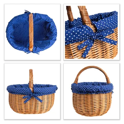 Produktbild von Creative Home Großer Picknickkorb mit Stoffeinlage blau mit Pünktchen - Weidenkorb 43 x 32 x 37 cm