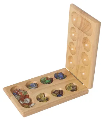 Productafbeelding van Kalaha inklapbaar met glazen stenen, Mancala inklapset, strategiespel, denkspel, reisspeel