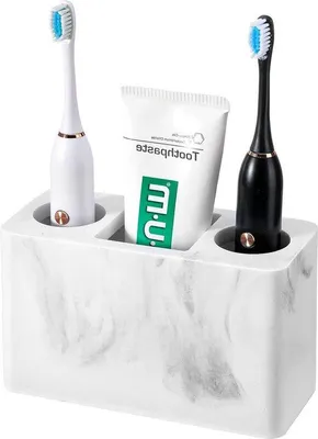 Produktbild von Zahnputzhalter 3 Fächer Groß Elektrischer Zahnbürstenhalter Zahnpasta-Stand 16x7x9,6 cm Harz-Storage für Badezimmer-Accessoires Set Schönheits-Counter-Spüle-Organizer Korb Marmor-Kies Weiß