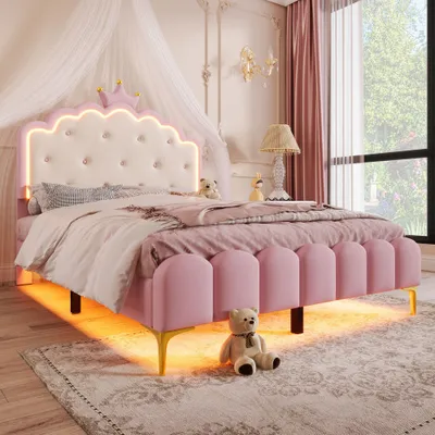 Immagine prodotto di Letto imbottito AIORBER, 140x200cm, con rete a doghe (senza materasso), a forma di  di principessa, sottoletto con luce d'ambiente a LED, piedini in metallo, letto per bambini, rosa