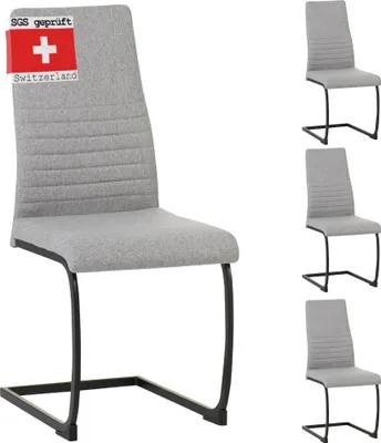 A set of four gray dining chairs with black metal frames, displayed against a white background. One chair is prominently featured in the foreground, with the other three stacked behind it.
