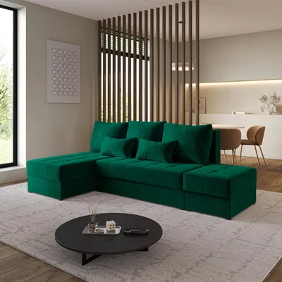 Produktbild von Masseno Ecksofa NORVI mit Schlaffunktion L-Form, Sofa mit Bettkasten, Wohnzimmersofa, Couch, Soffa, Bettsofa, Couchgarnitur- Grün, KRONOS 19